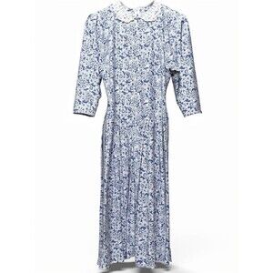 Vintage Blue White Floral Lace Collar Half Sleeve Pleated Midi Dress Size 11